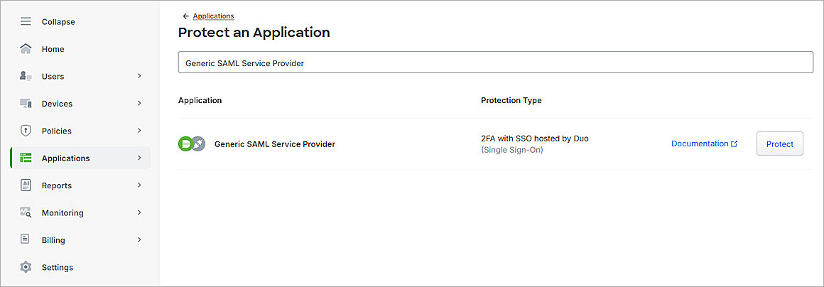 Screenshot of Duo, Protect an Application page